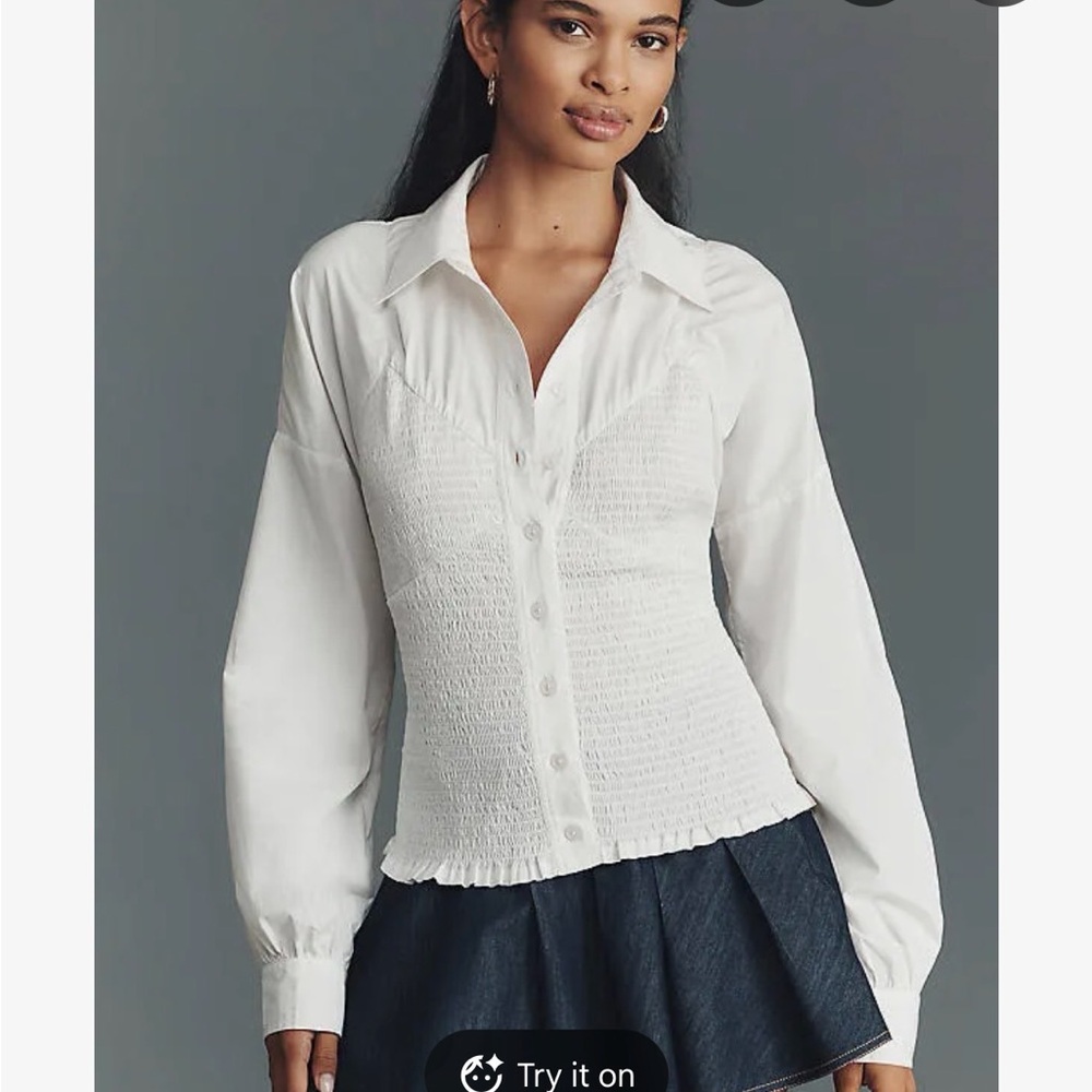 Anthropologie White Smocked Button-Down Shirt